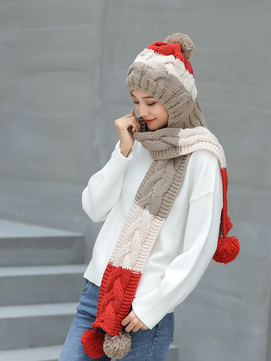 Зимняя шапка и шарф, утолщенная, чтобы сохранить тепло и защитить ухо, вязаная шапка, детская Корейская версия, Новая повседневная шерстяная шапка