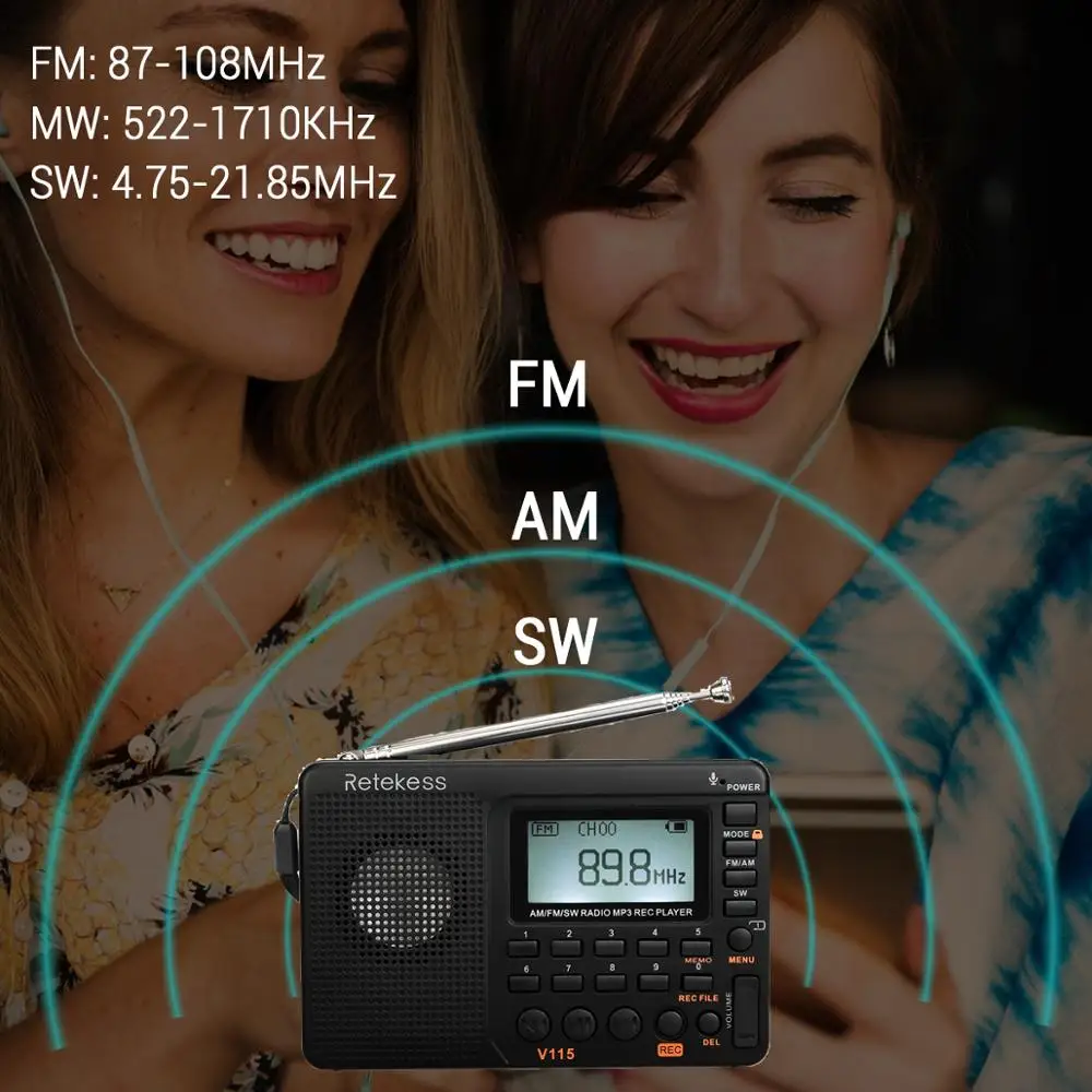 Günstige RETEKESS V115 Radio FM AM SW Tragbare Radio Tasche Mit USB MP3 Digital Recorder Unterstützung Micro SD TF Karte Schlaf timer Geschenk