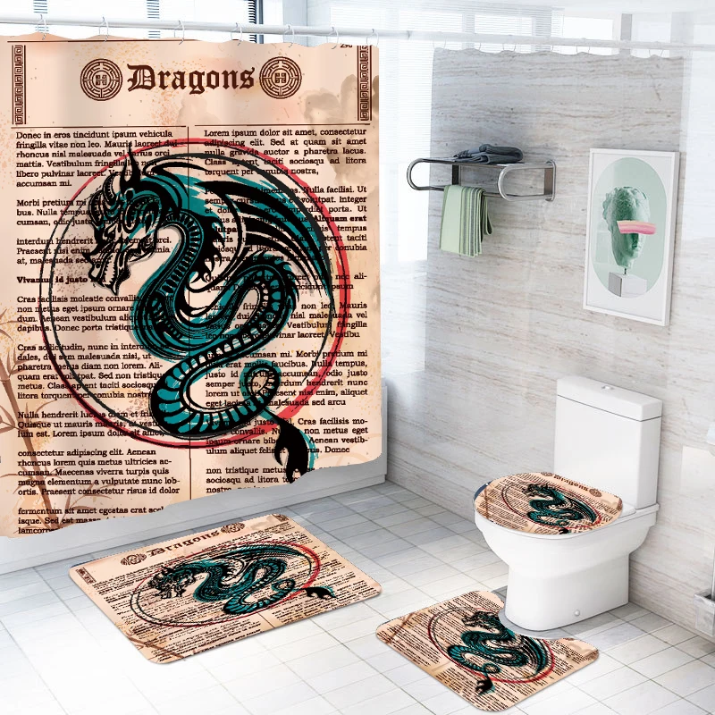 

4PCS Dragon Shower Curtain Set with Non-Slip Bathroom Mat Toilet Lid Cover Rugs Hooks for Bathroom Waterproof Shower Curtain