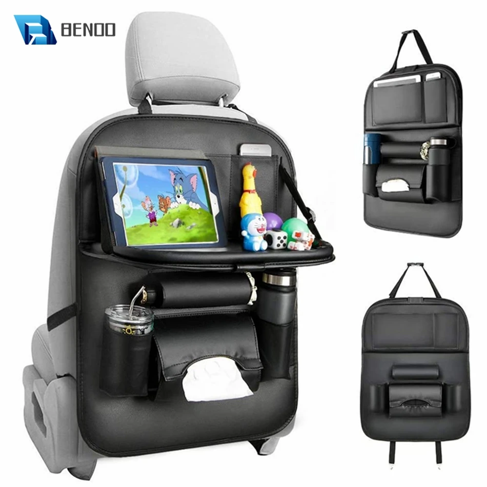 

BENOO Black Car Seat Organizer Back Seat Protector Kick Mats with Foldable Table Tissue Box for Kids PU Leather Car Storage Bag