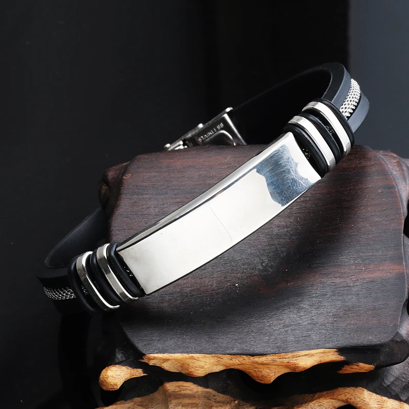 Bracelet Jewelry Trend Smooth Glossy Stainless Steel Metal Men's Bracelet Classical Black Silicone Grooved Braided Chain Bracelet