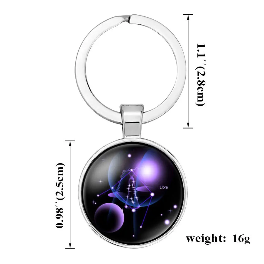 

53mm Constellation Signs Keychain Jewelry Car Pendant Double Side Glass Cabochon Rotatable Key Chain Ring Holder Birthday Gift