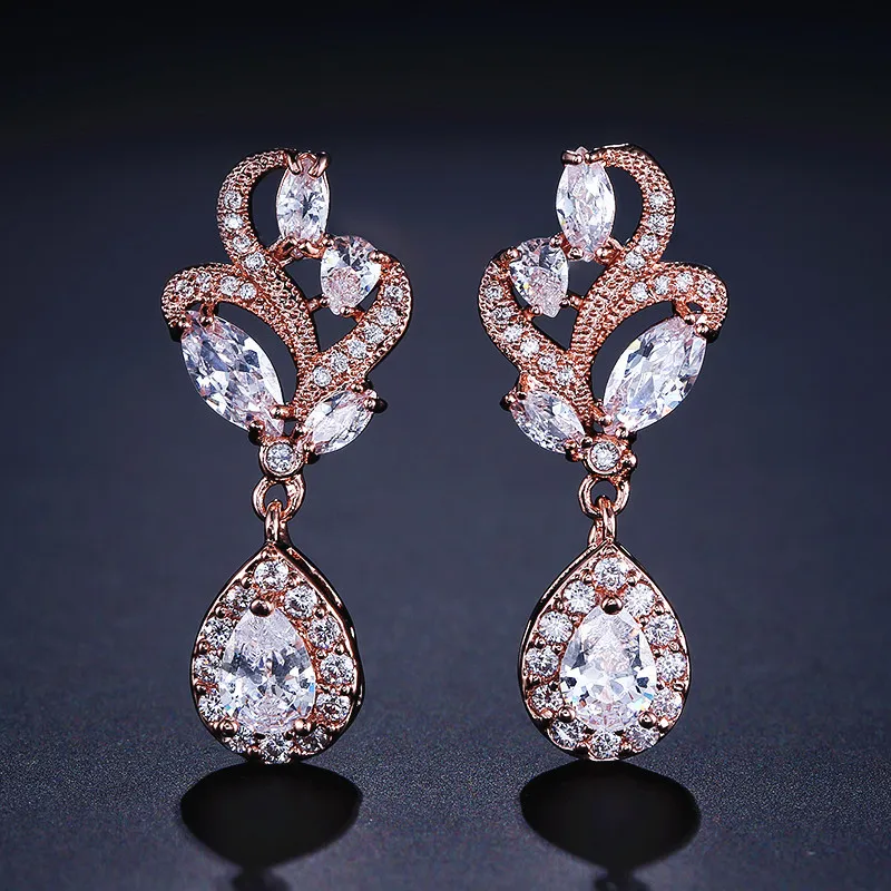 

UILZ Elegant Marquise Stone Cluster Flower Earring Pear Shape Cubic Zirconia Dangle Drop Earrings for Women Party Jewelry UE1001