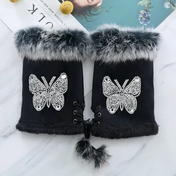 

Fashion Butterfly Rhinestone Suede Leather Half Finger Driving Glove Female Winter Rabbit Fur Warm Touch Screen Mittens H95