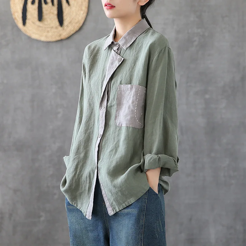 Spring Creative Single-breasted Linen Shirt Tops Long Sleeved Loose Retro Green Embroidery Blouses Women Casual Blusas Camisas | Женская