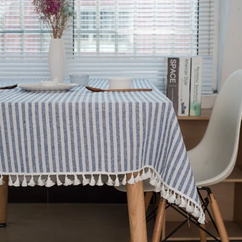 

Cotton Linen Stripe Vintage Tablecloth with Tassel Dining Coffee Bar Table Kitchen Restaurant Cloth