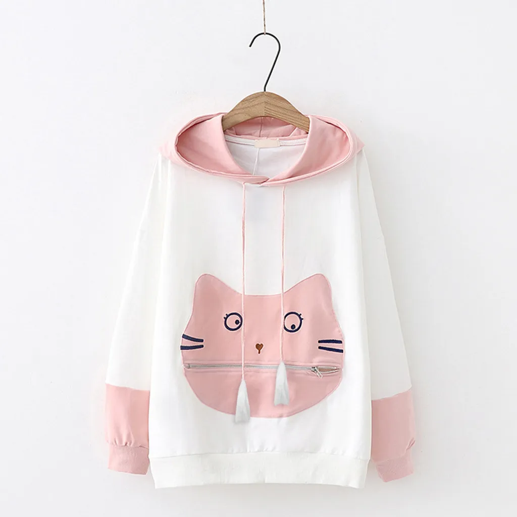 Kawaii Cat узор негабаритных толстовка женская пушистая на молнии осень для женщин