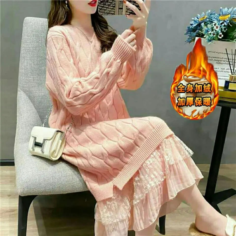 

Plush and thick lace stitched wool dress for women's loose and lazy twist sweater knitting