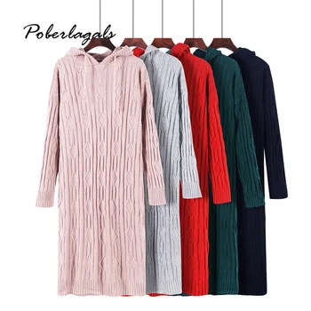 

Autumn Loose Hooded Fashion oversize knit Twist sweater dress Winter women 2019 jumper pullovers Knitted Sweater dress female