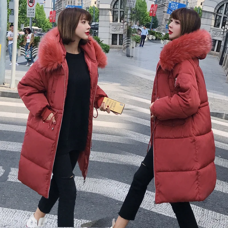 Женский пуховик с меховым капюшоном, уплотненное длинное пуховое пальто на молнии, женское повседневное однотонное теплое хлопковое пальто с длинным рукавом, женские куртки - Цвет: Красный
