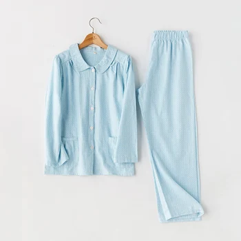 

2020 Long-sleeved Pajamas Women Autumn Rice Plaid Cotton Flannel Non-print Loose Casual Home Wear Pyjama Fille Sleepwear Set