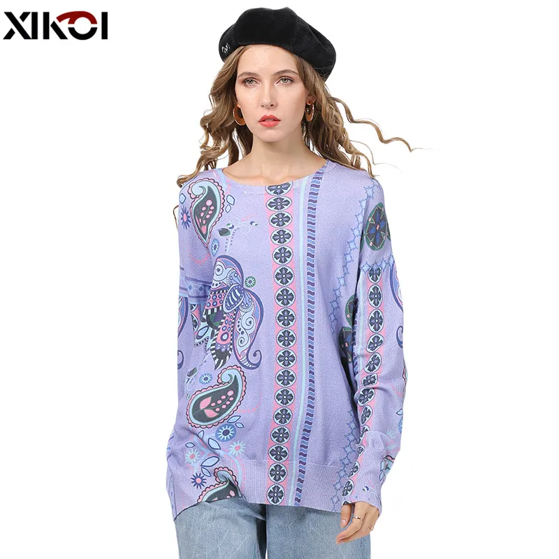 XIKOI Lavender Purple Sweaters For Women Winter Romantic Flowers Print Pullovers Oversized Bohemian Style Jumper Tops Pull Femme | Женская