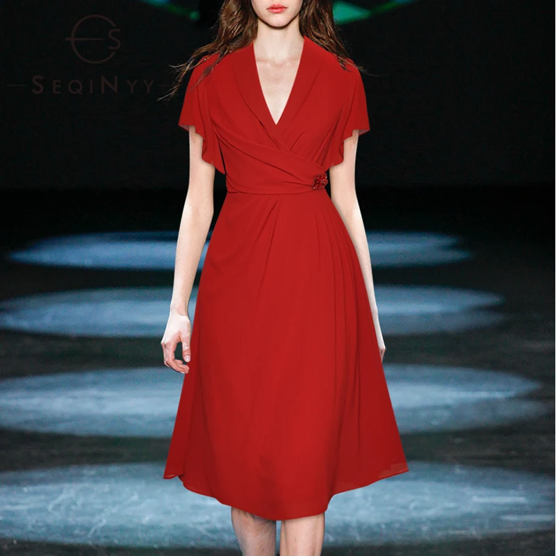 

SEQINYY Office Lady Dress 2020 Summer Spring New Fashion Design Women Short Ruffles Sleeve Beautiful Bead Flower Slim Elegant