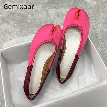 

Luxury Rose Mixed Color Ballet Flats Unique Split Toe Little Bowtie Decor Flat Slim Spring Shoes Woman Zapatos Mujer