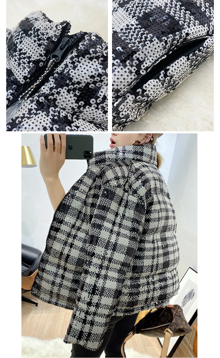 Women Down Jackets Fashion Sequin Stitching White Duck Down Coat New Winter Warm Bomber Jackets Ladies Short Bling-bling Shiny