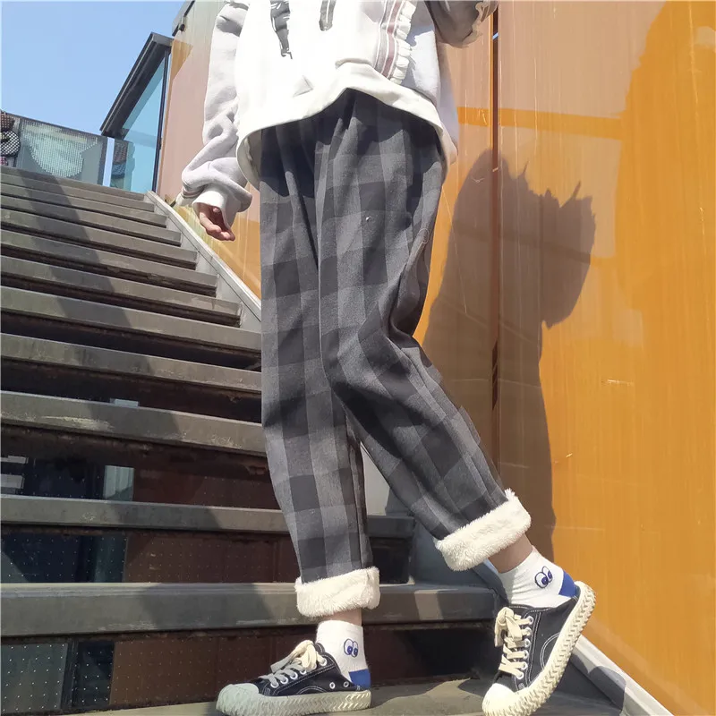 Зимние толстые теплые клетчатые штаны корейский стиль Harajuku Флисовые женские длинные брюки Винтажные эластичные талии повседневные Прямые брюки