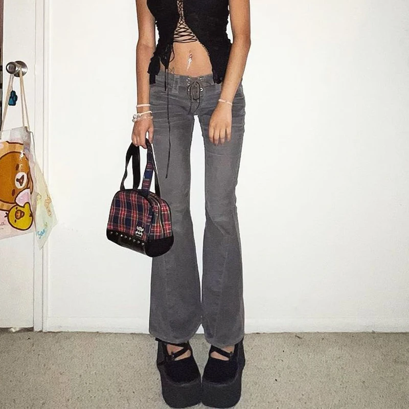 Rapcopter y2k Grey Flare Jeans Lace Up Cute Retro Trousers Low Waisted Patchwork Cargo Pants Aesthetic Korean Chic Women Jeans bootcut jeans