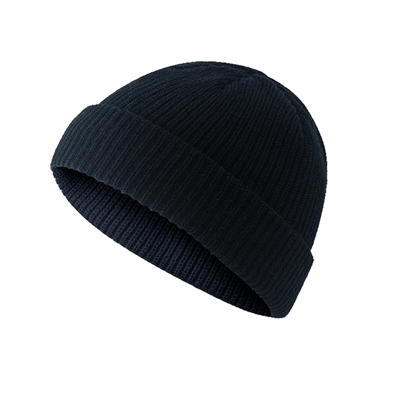 Стиль, шапка бини, свернутая, теплая, Рыбацкая, вязаная, одноцветная, для мужчин, женщин, Зимняя - Цвет: Черный