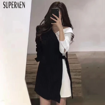 

SuperAen Korean-Style Dress Women Fashion Cotton Spring New 2020 Ladies Dress Striped Fake Two-Piece Irregular Women Clothing