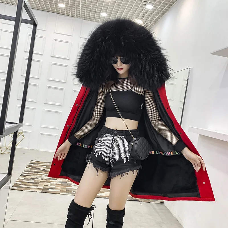 shorter red Зимнее женское длинное пальто из натурального меха с воротником из натурального Лисьего меха, свободная парка, пальто, съемная подкладка из натурального кроличьего меха - Цвет: shorter red