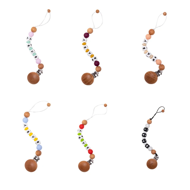 

1 pc Silicone Wooden Teether Pacifier Clip Personalised Baby Name Colorful Pacifier Chain for Baby Teething Soother Chew Toy