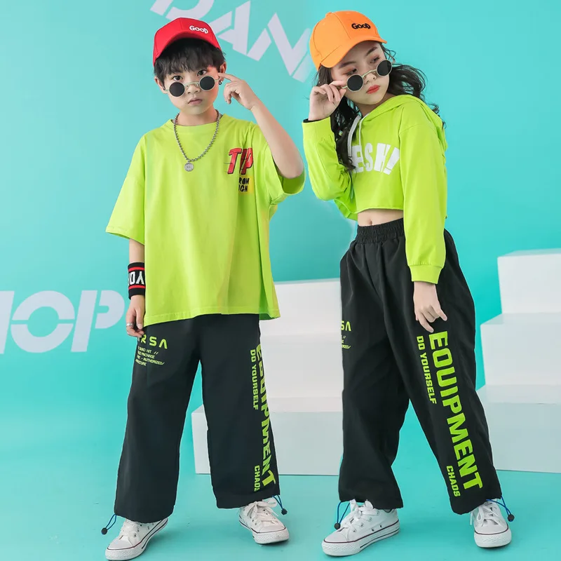 Детский танцевальный костюм в стиле хип-хоп, укороченная толстовка с капюшоном, футболка, повседневные штаны для девочек и мальчиков, одежда для бальных танцев, Одежда для танцев
