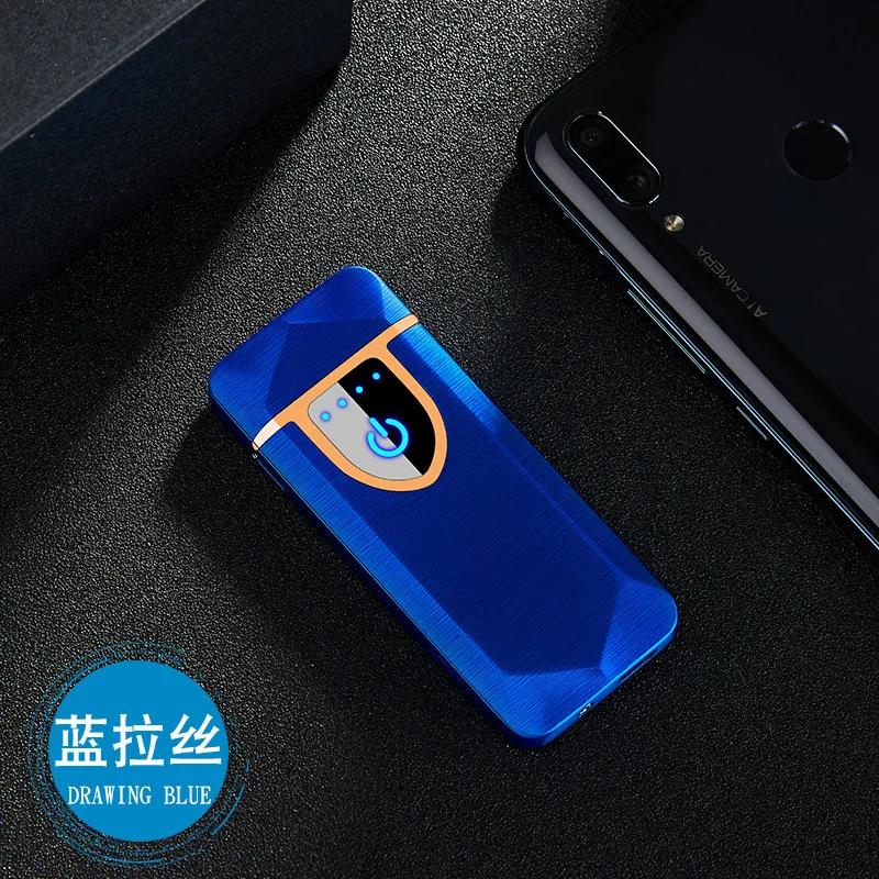 High Quality Metal USB Charging Ligther Dual Arc Plasma Lighters Thin Electric Rechargeable Cigarette Lighter Windproof Men Gift - Цвет: Blue lattic