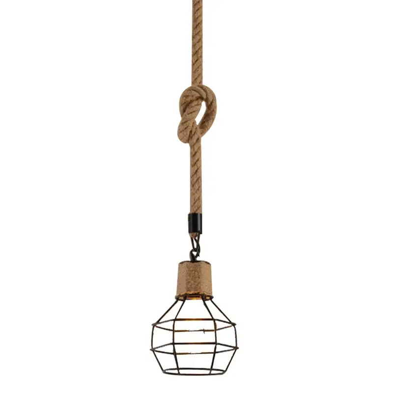 220V E27 Braided Hemp Rope Pendant Lamp Iron Hanging Cage Vintage Industrial Loft Retro Dining Room Restaurant Counter Lighting | Лампы и