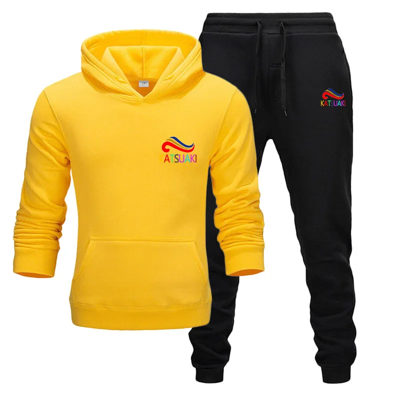 yellow black Новинка, популярный бренд, Мужская толстовка, спортивный костюм, термобелье с принтом, мужские спортивные комплекты, флисовая плотная толстовка с капюшоном+ штаны, спортивный костюм - Цвет: yellow black