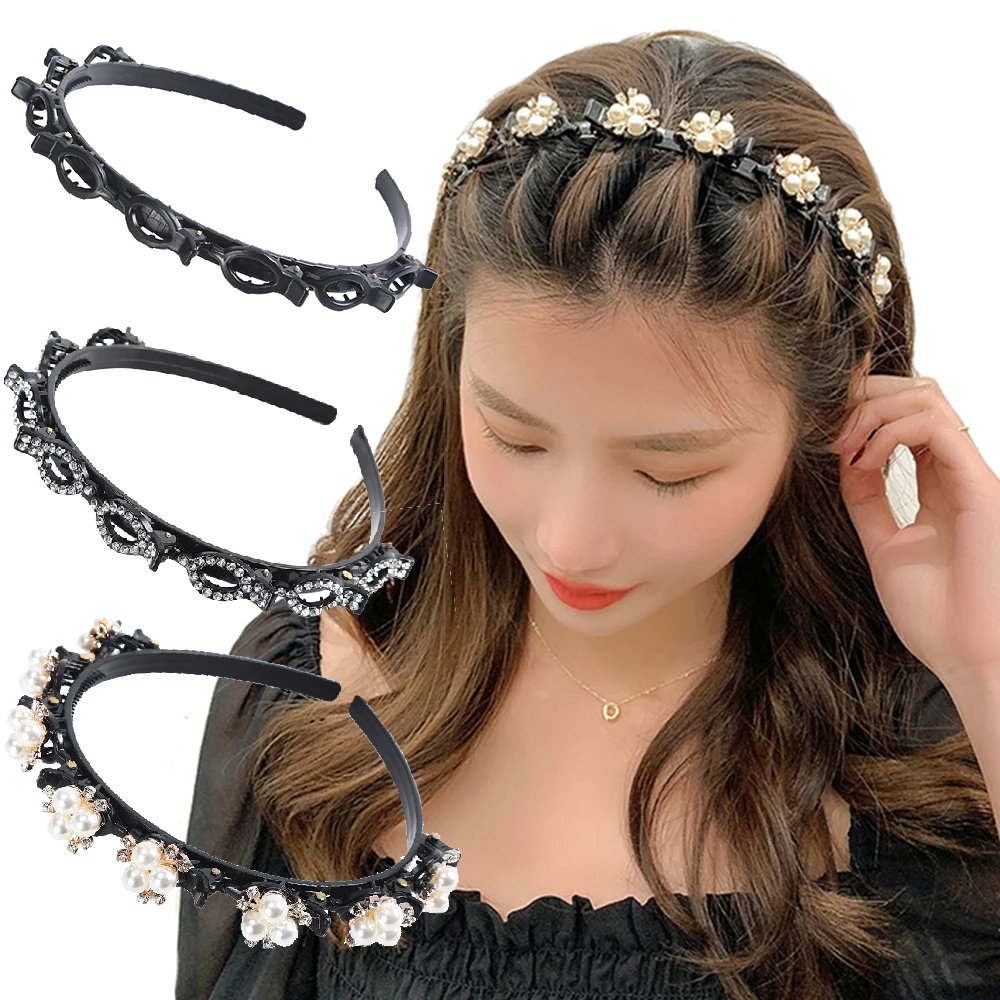 Double Layer Bands Clip Hairbands Fashion Plastic Braided Headband Punk New Knitting Womens Headwear Hair Accessories Pearl