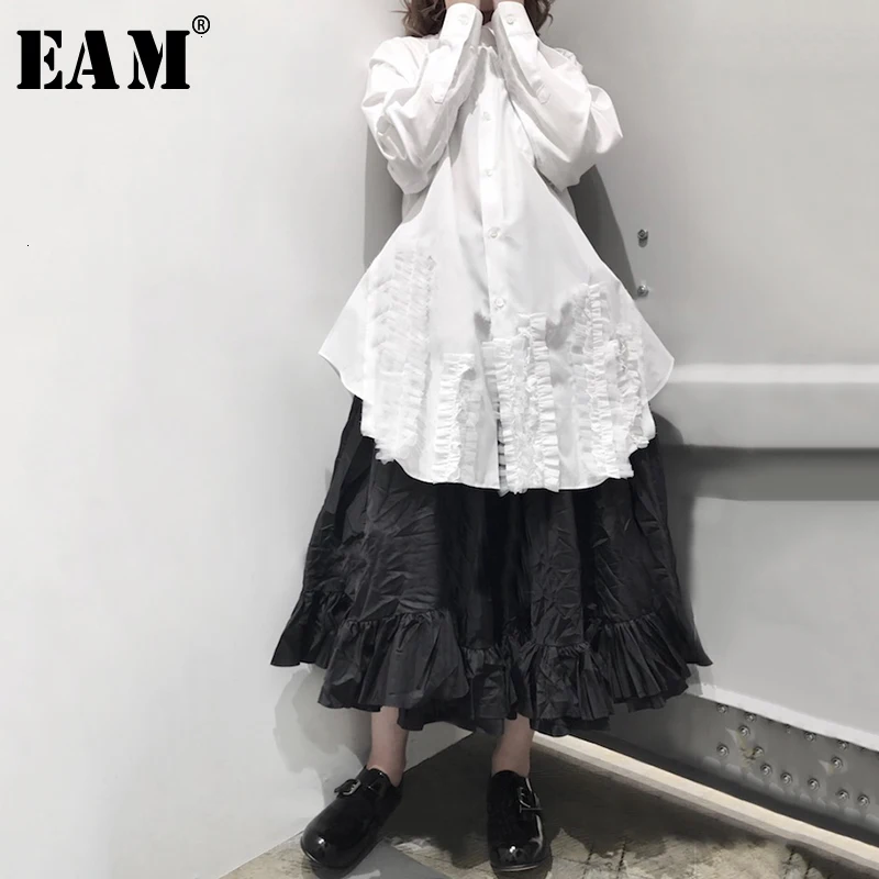 [EAM] Женская белая Асимметричная Блузка с оборками, новая свободная рубашка с отворотом и длинным рукавом, модная весенняя Осенняя 19A-a185