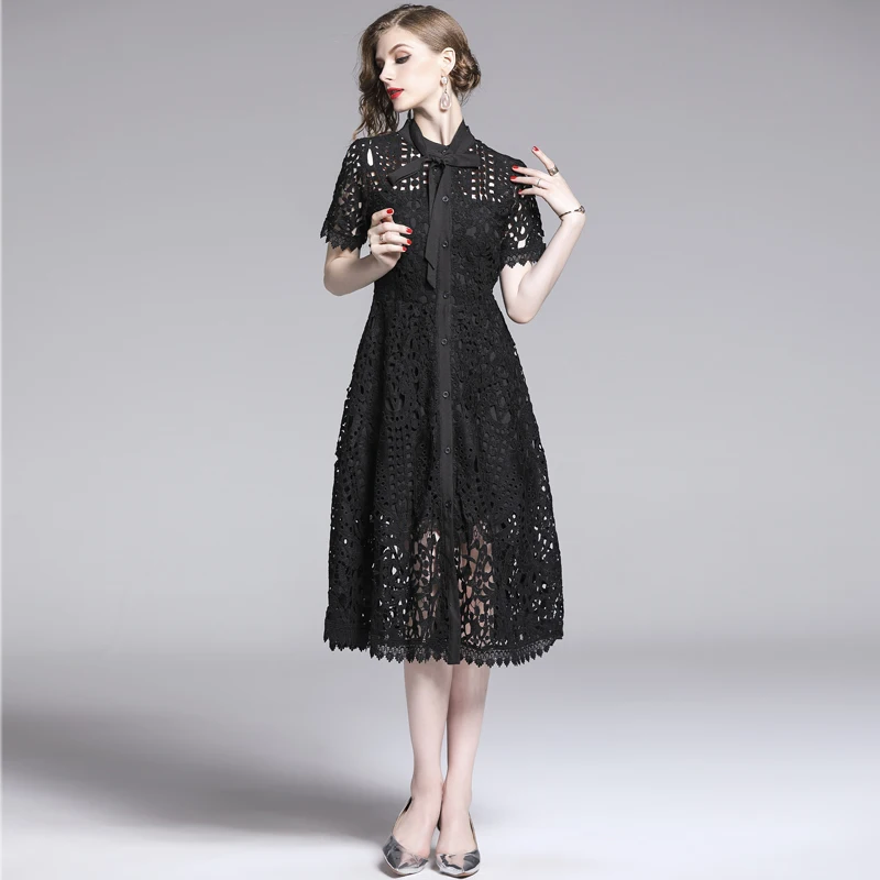 

French Famous Woman Hollow Water Soluble Black Lace Dress Ropa Mujer Verano 2019 Summer White Retro Dress Lange Jurken K9132