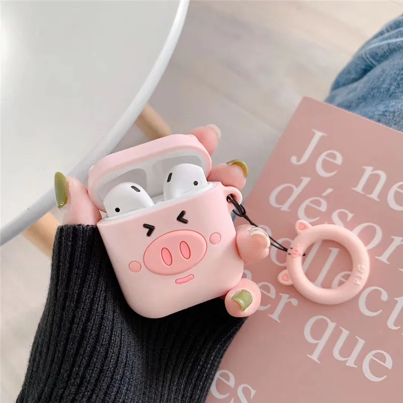 pink pig Силиконовый чехол для переноски наушников чехол с защитой от повреждений и кольцом для Apple Airpods с подставкой Чехол Коробка протектор Беспроводной наушников Защитная крышка - Цвет: pink pig