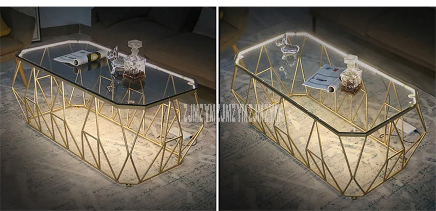 Прямоугольный чайный столик в скандинавском стиле, светодиодный светильник, креативный однослойный стол из закаленного стекла, железный современный стол для гостиной