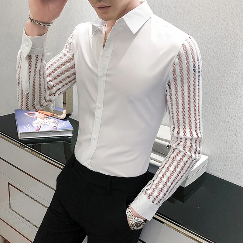 2021 New Men Lace Perspective Shirt Party Prom Hollow Lace Patchwork Long Sleeve Tuxedo Shirt Nightclub Casual Social Shirt