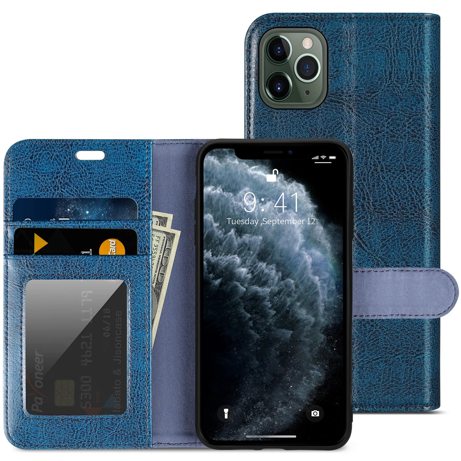 Jisoncase Чехол-бумажник из натуральной кожи для iPhone 11 Pro, противоскользящий с держателем для карт и магнитной застежкой