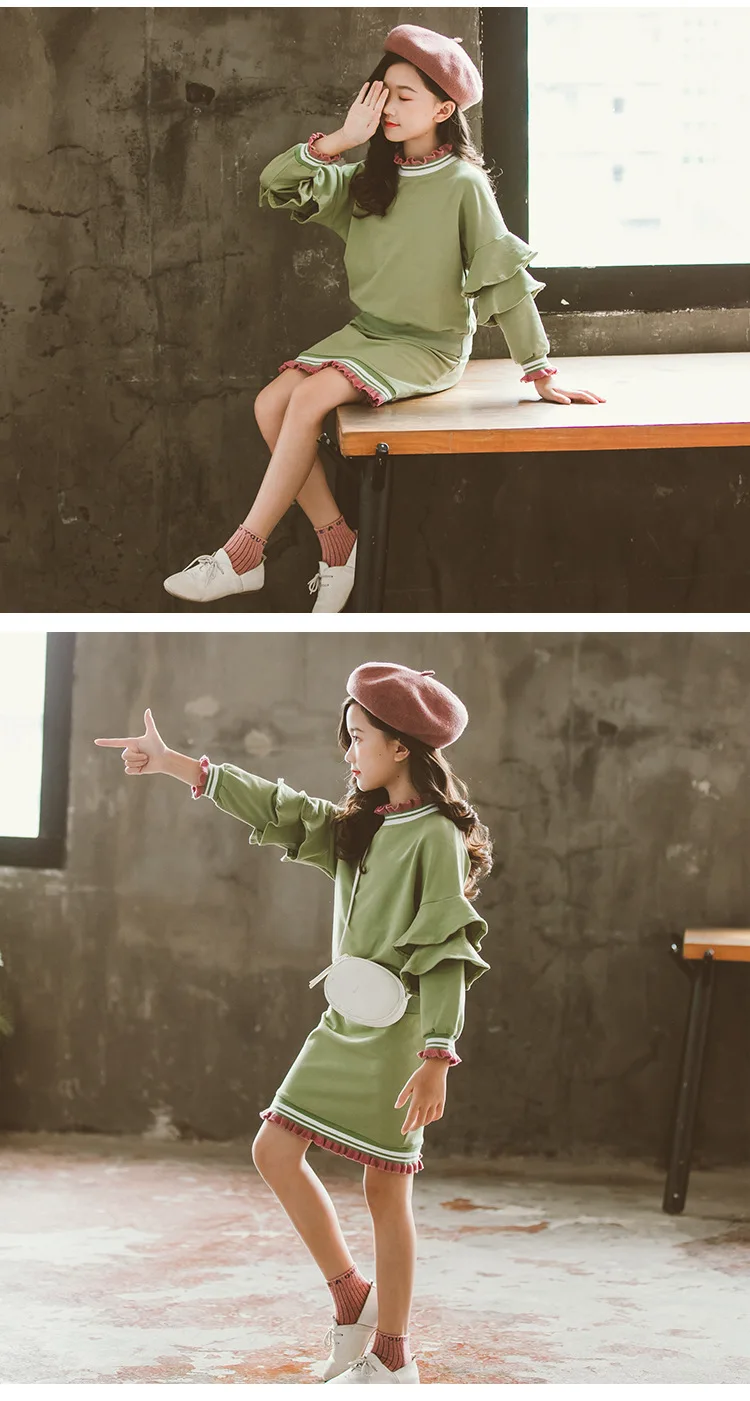 Fashion Girls Spring Clothing Set Long Sleeve Tops + Lacework Skirt Kid