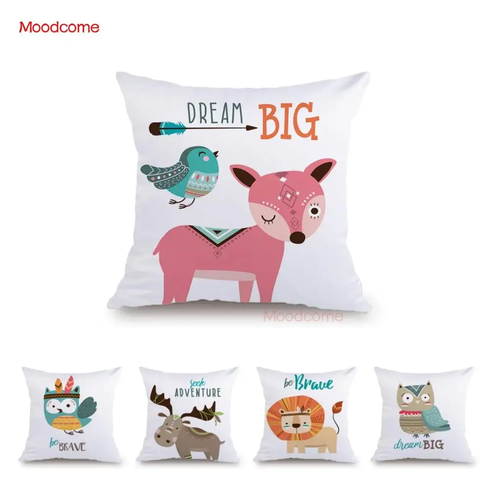 

Cute Baby Animals Tribe Woodland Art Baby Nursery Velvet Plush White Pillow Cover Kids Cartoon Lion Owl Deer Sofa Cushion Covers