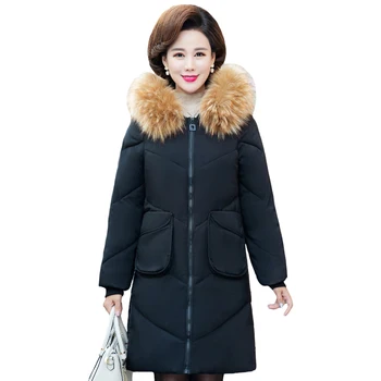 

Middle-aged Women Winter Cotton-padded Jacket Hooded Fur Collar Solid Plus Size Women Loose Long Coat Winter Parkas For Mother