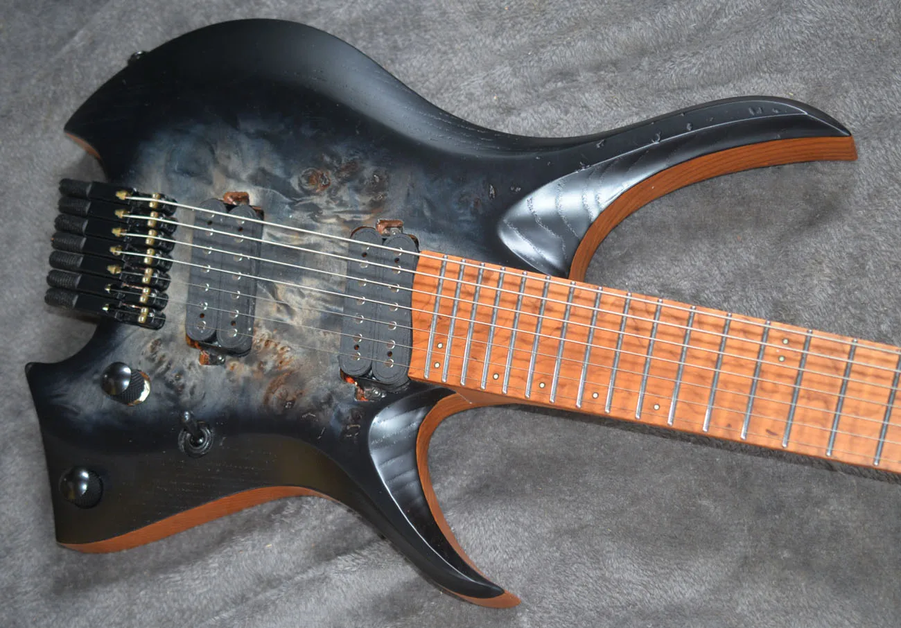 7 Strings Headless Electric Guitar Fanned frets Roasted Maple Neck Ergonomic asymmetric neck headless electric guitar