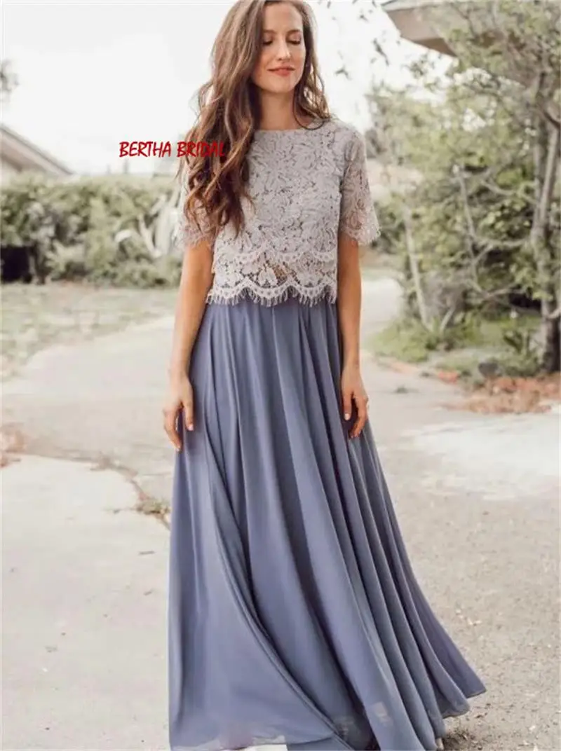 color as picture Платье подружки невесты из двух частей; длинный кружевной топ; шифоновое свадебное платье подружки невесты; вечерние платья с короткими рукавами; Vestidos De Madrinha - Цвет: color as picture