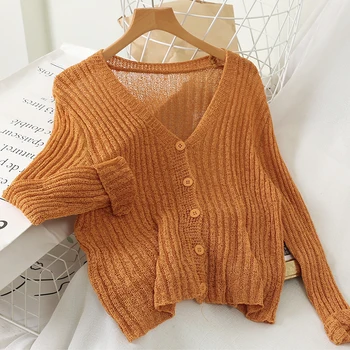 

2020 summer new thin women sweaters and cardigan v-neck solid long-sleeved loose office lady elegant cardigan outwear coat tops