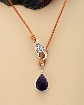 Classic Teardrop Pendant Necklace Amethysts Leather Choker Necklace Unique Simple Jewelry Women Femme Homme Bijoux