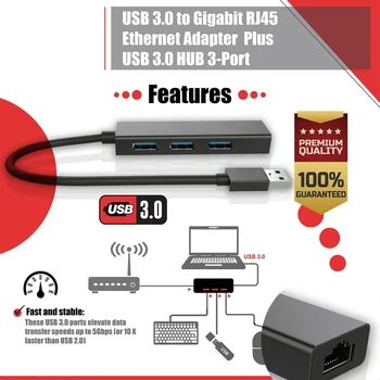 

USB 3.0 Gigabit Ethernet Lan RJ45 1000Mbps Network Adapter 3 Port Hub For Mac PC
