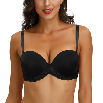 

YBCG Push Up Women Bra Thin Cup Solid Black Plunge Lingerie Lace Transparent Bandage Underwear Convertible Straps Bralette