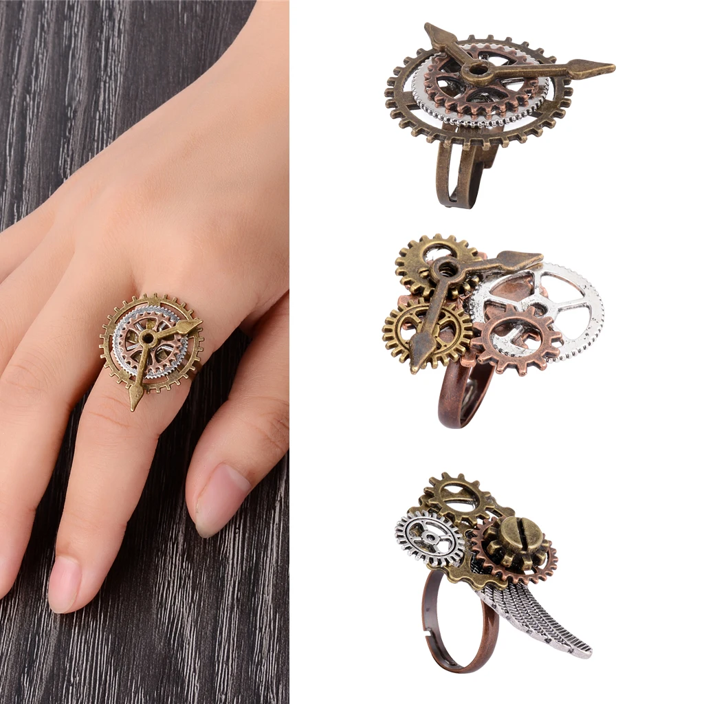 3 Pcs Women Men Vintage Steampunk Watch Part Gears Punk Antique Copper Adjustable Rings Fashion Jewelry