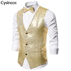 Cysincos 2019 Модные мужские жилеты костюмы Slim Fit Sequins золотые цветные сценические мужские повседневные деловые Свадебная жилетка плюс размер S-2XL