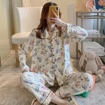 

XIZOU Women Pajamas Set Spring Autumn New Thin Cartoon Printed Long Sleeve Cute Sleepwear Casual Homewear Female Pyjamas