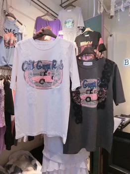 

2020 Summer Women Tshirt New Style Sweet Lace Edge Cartoon Printing Short-sleeved T-shirt Women's Loose Tops Tee T Shirts