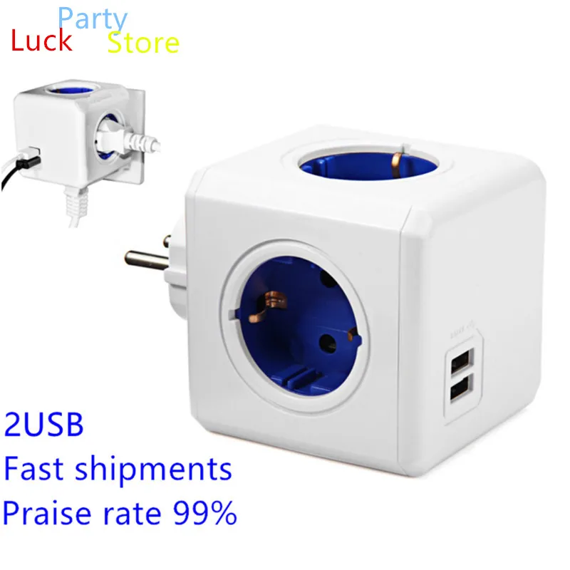 

Hot Useful Creative Charging Dock Power Cube Socket EU Plug 4 Outlets with 2USB Socket Adapter-16A 250V Powercube